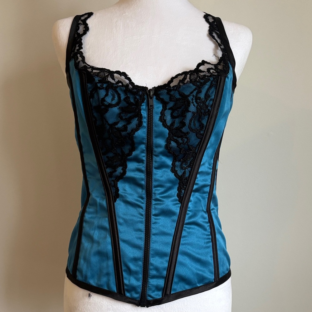 SHIRLEY OF HOLLYWOOD - Teal and Black Lace Corset- Zipper front